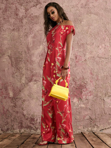COSMINA Women's Elegant Poppy Red Base Print Shoulder Gold Metal Button Embellished Asymmetrical Sides One-Way Pleated Jumpsuit