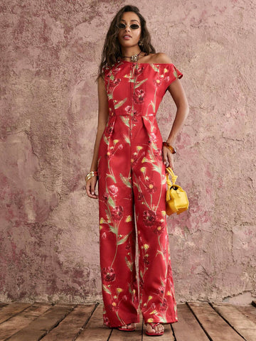 COSMINA Women's Elegant Poppy Red Base Print Shoulder Gold Metal Button Embellished Asymmetrical Sides One-Way Pleated Jumpsuit