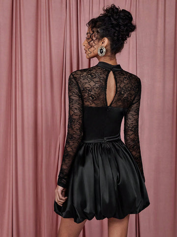 COSMINA Women's Elegant Solid Color Lace Patchwork Bud Mini Dress