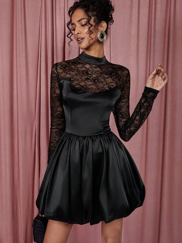 COSMINA Women's Elegant Solid Color Lace Patchwork Bud Mini Dress