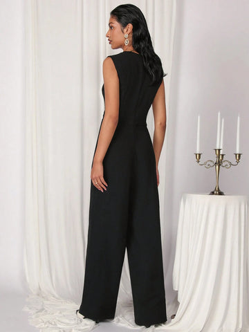 COSMINA Women's Elegant Solid Color Sleeveless Tied Black Jumpsuit For Commuting
