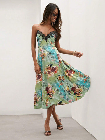 COSMINA Women's Floral Print Contrast Lace Elegant Cami Dress