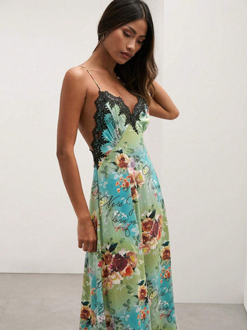 COSMINA Women's Floral Print Contrast Lace Elegant Cami Dress