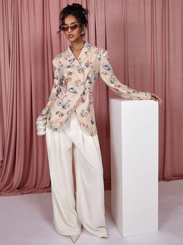 COSMINA Women's Floral Print Lapel Neck Long Sleeve Casual Suit Jacket
