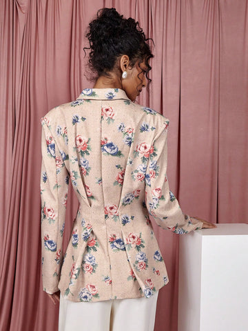 COSMINA Women's Floral Print Lapel Neck Long Sleeve Casual Suit Jacket