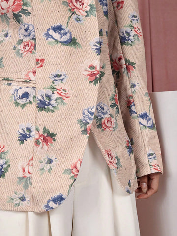 COSMINA Women's Floral Print Lapel Neck Long Sleeve Casual Suit Jacket