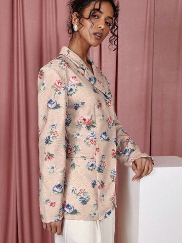COSMINA Women's Floral Print Lapel Neck Long Sleeve Casual Suit Jacket