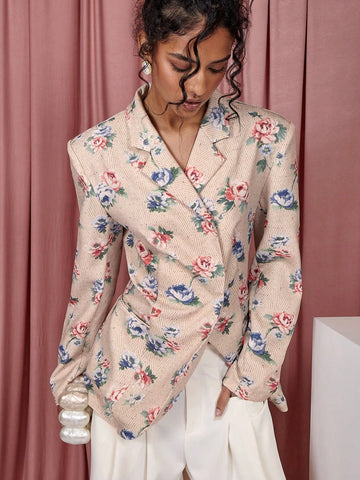 COSMINA Women's Floral Print Lapel Neck Long Sleeve Casual Suit Jacket