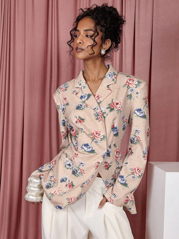 COSMINA Women's Floral Print Lapel Neck Long Sleeve Casual Suit Jacket