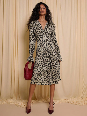 COSMINA Women's Floral Print V-Neck Ruffle Long Sleeve Midi Dress, Elegant