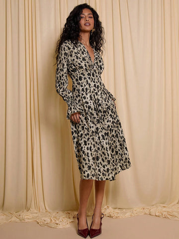 COSMINA Women's Floral Print V-Neck Ruffle Long Sleeve Midi Dress, Elegant