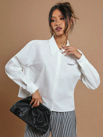 Women's Front Button Long Sleeve Letter Print Minimalist Casual Shirt