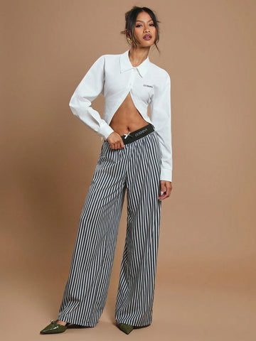 Women's Front Button Long Sleeve Letter Print Minimalist Casual Shirt