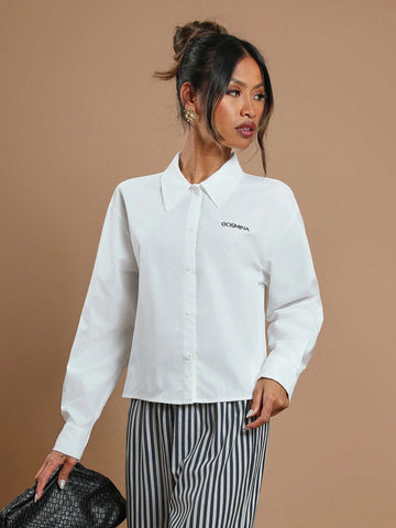 Women's Front Button Long Sleeve Letter Print Minimalist Casual Shirt