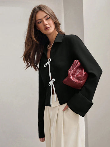 Women's Front Tie Long Sleeve Contrast Color Block Casual Shirt
