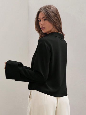 Women's Front Tie Long Sleeve Contrast Color Block Casual Shirt