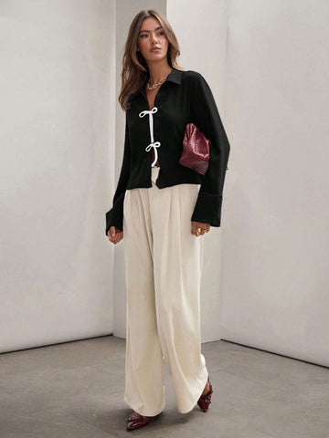 Women's Front Tie Long Sleeve Contrast Color Block Casual Shirt