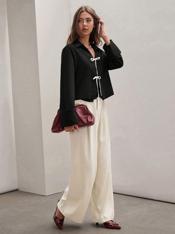 Women's Front Tie Long Sleeve Contrast Color Block Casual Shirt