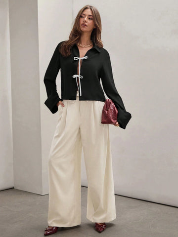 Women's Front Tie Long Sleeve Contrast Color Block Casual Shirt