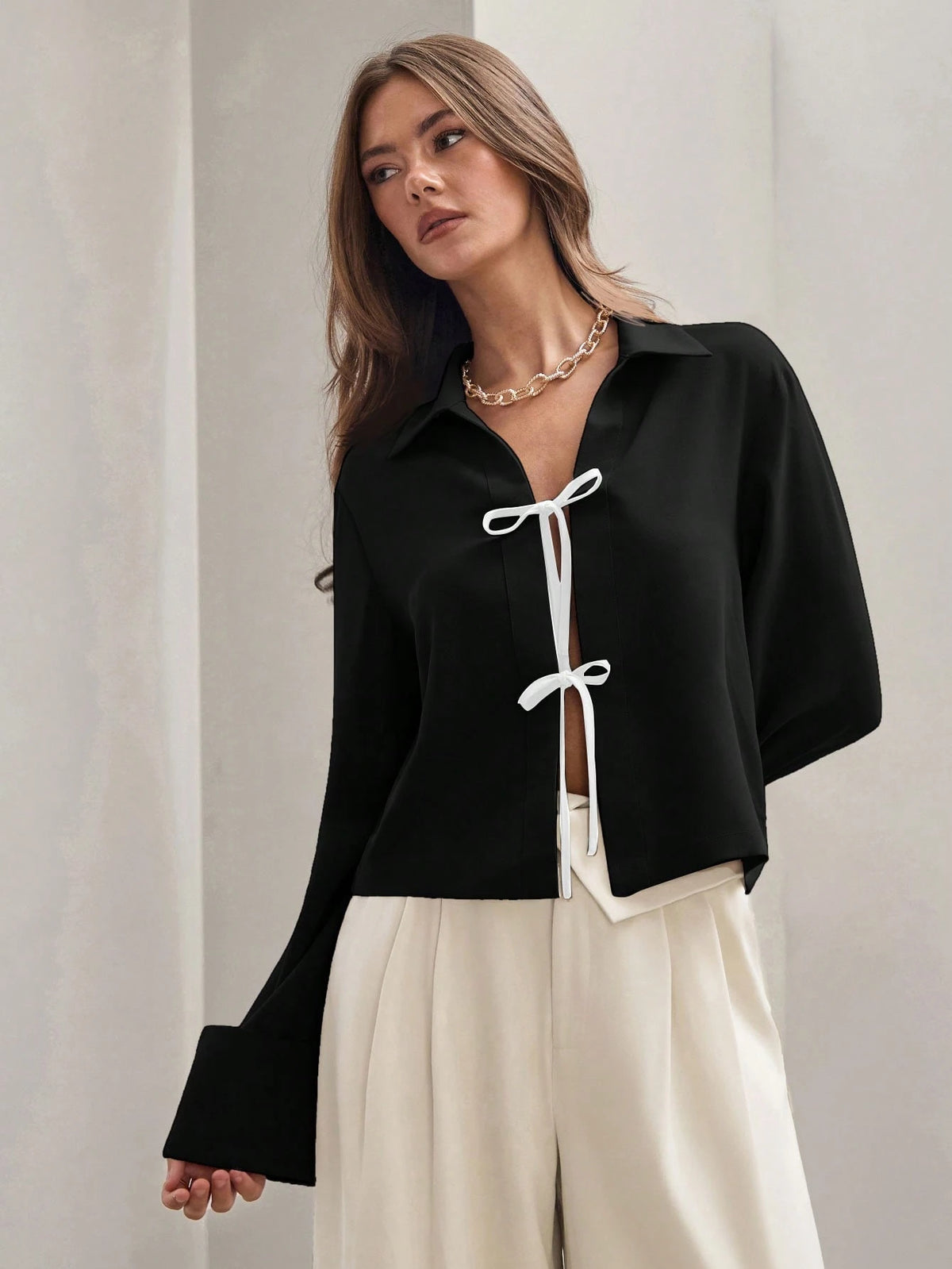 Women's Front Tie Long Sleeve Contrast Color Block Casual Shirt