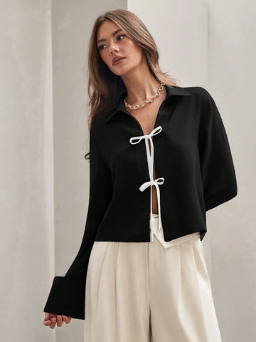 Women's Front Tie Long Sleeve Contrast Color Block Casual Shirt
