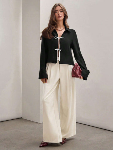 Women's Front Tie Long Sleeve Contrast Color Block Casual Shirt