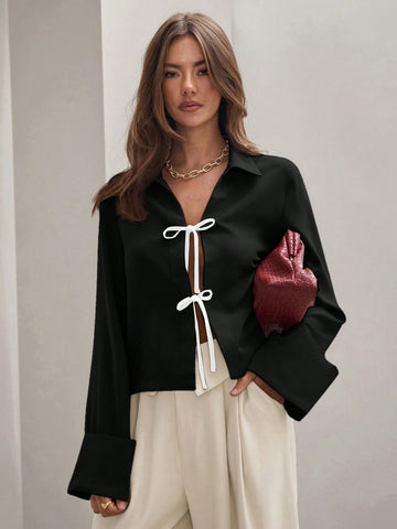 Women's Front Tie Long Sleeve Contrast Color Block Casual Shirt