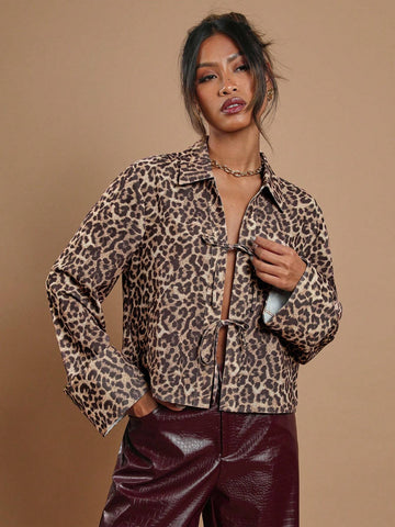 Women's Front Tie Long Sleeve Leopard Print Simple Casual Shirt