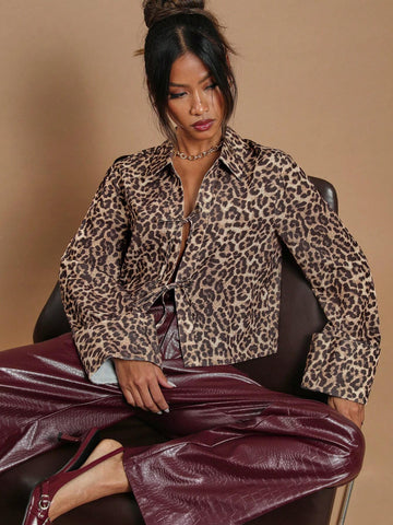 Women's Front Tie Long Sleeve Leopard Print Simple Casual Shirt