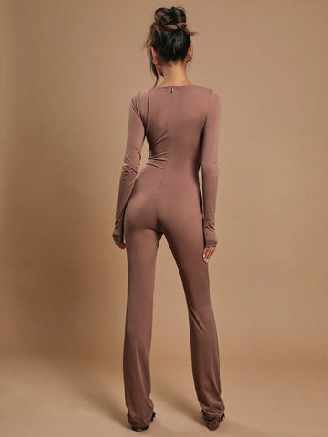 COSMINA Women's Hollow Neck Ruched Waist Brown Casual Slim-Fit Jumpsuit