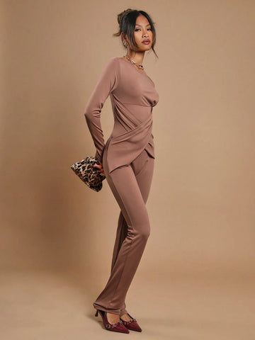 COSMINA Women's Hollow Neck Ruched Waist Brown Casual Slim-Fit Jumpsuit