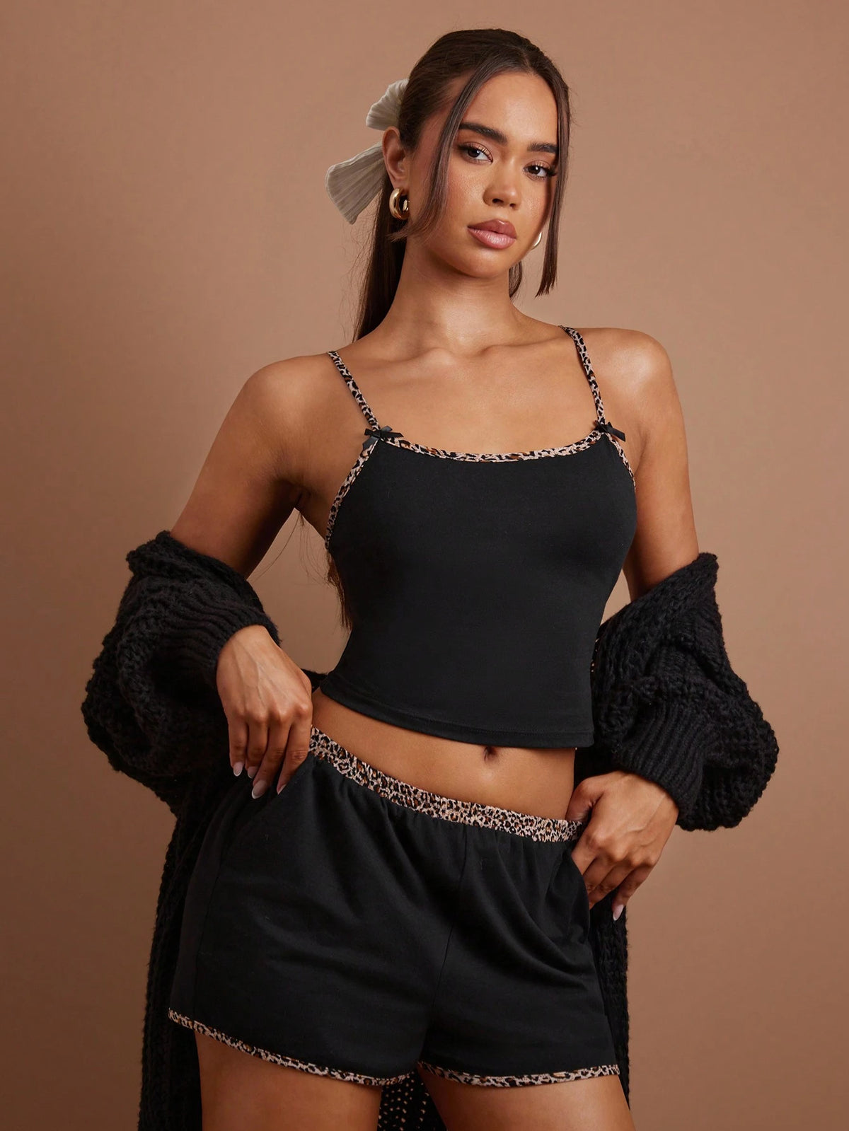 COSMINA Women's Leopard Print Trim Camisole And Super Short Shorts 2-Piece Set, Black