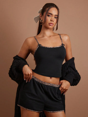 COSMINA Women's Leopard Print Trim Camisole And Super Short Shorts 2-Piece Set, Black