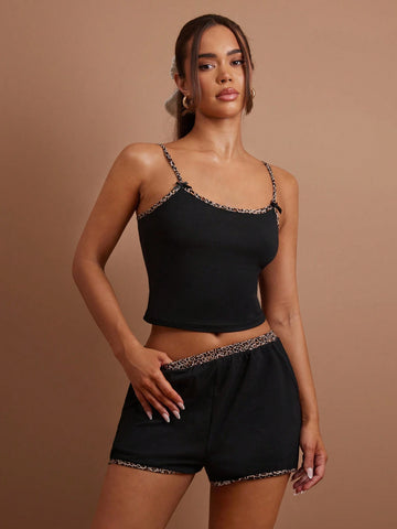 COSMINA Women's Leopard Print Trim Camisole And Super Short Shorts 2-Piece Set, Black