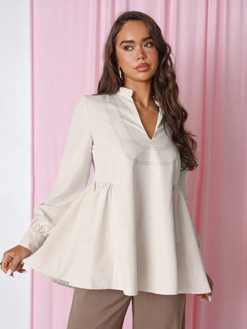 Women's Line Patchwork Long Sleeve Minimalist Shirt, Casual Daily Wear