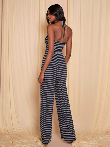 COSMINA Women's Navy Blue Striped Halter Jumpsuit For Autumn & Winter