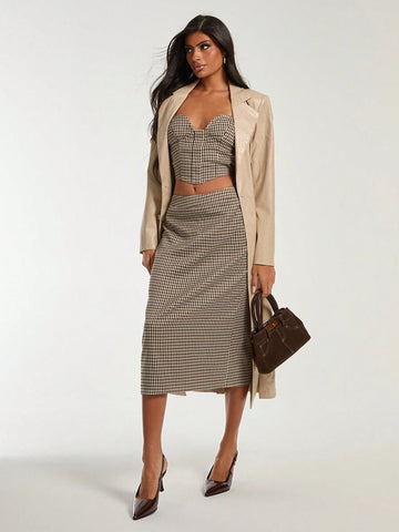 COSMINA Women's Plaid Bandeau Top And Mini Skirt 2-Piece Casual Set