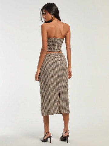 COSMINA Women's Plaid Bandeau Top And Mini Skirt 2-Piece Casual Set