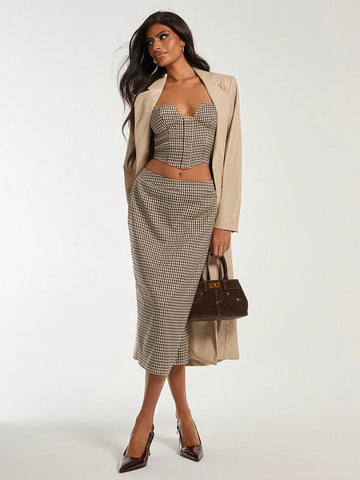 COSMINA Women's Plaid Bandeau Top And Mini Skirt 2-Piece Casual Set