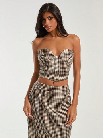 COSMINA Women's Plaid Bandeau Top And Mini Skirt 2-Piece Casual Set