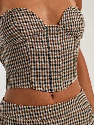 COSMINA Women's Plaid Bandeau Top And Mini Skirt 2-Piece Casual Set