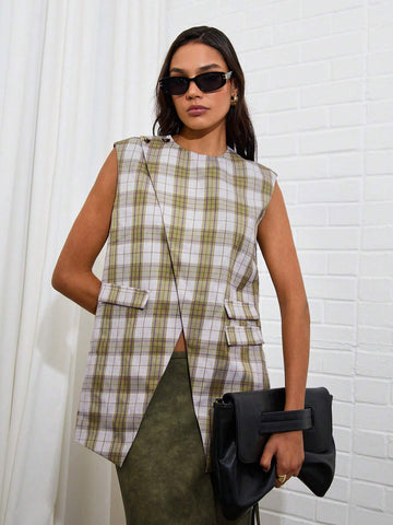 Women's Plaid Print Round Neck Sleeveless Split Hem Casual Loose BlouseWomen's Plaid Print Round Neck Sleeveless Split Hem Casual Loose Blouse