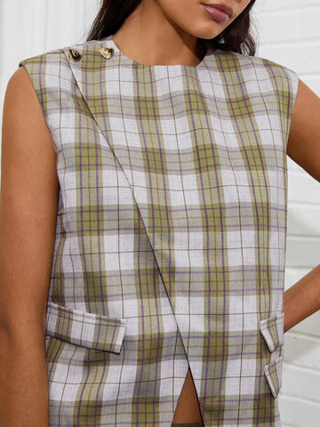 Women's Plaid Print Round Neck Sleeveless Split Hem Casual Loose BlouseWomen's Plaid Print Round Neck Sleeveless Split Hem Casual Loose Blouse