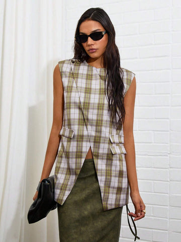 Women's Plaid Print Round Neck Sleeveless Split Hem Casual Loose BlouseWomen's Plaid Print Round Neck Sleeveless Split Hem Casual Loose Blouse
