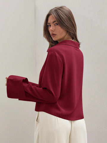 Women's Plain Khaki Front Tie Long Sleeve Minimalist Business Casual Work Shirt, Casual Daily Wear FAll,Long Sleeve Tops