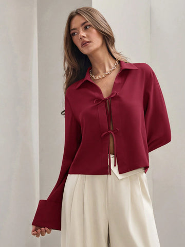 Women's Plain Khaki Front Tie Long Sleeve Minimalist Business Casual Work Shirt, Casual Daily Wear FAll,Long Sleeve Tops