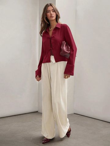 Women's Plain Khaki Front Tie Long Sleeve Minimalist Business Casual Work Shirt, Casual Daily Wear FAll,Long Sleeve Tops