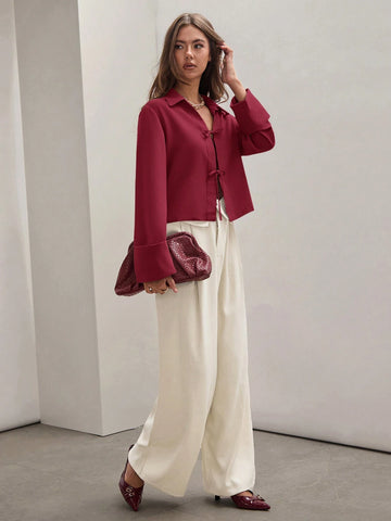 Women's Plain Khaki Front Tie Long Sleeve Minimalist Business Casual Work Shirt, Casual Daily Wear FAll,Long Sleeve Tops