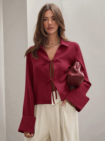 Women's Plain Khaki Front Tie Long Sleeve Minimalist Business Casual Work Shirt, Casual Daily Wear FAll,Long Sleeve Tops