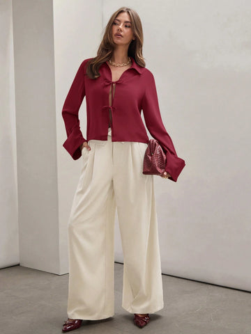 Women's Plain Khaki Front Tie Long Sleeve Minimalist Business Casual Work Shirt, Casual Daily Wear FAll,Long Sleeve Tops